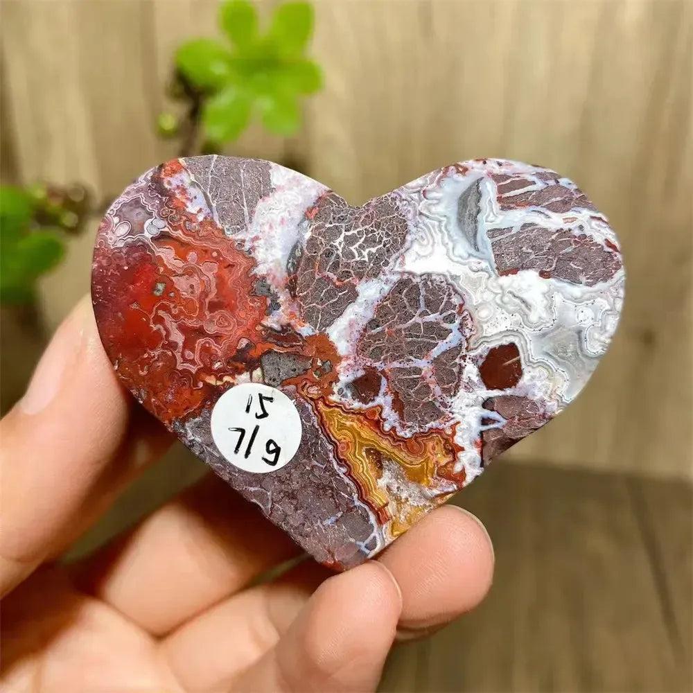 Vibrant Mexican Agate Crystal Heart for Joy & Emotional Balance, showcasing rich red, white, and brown banding.