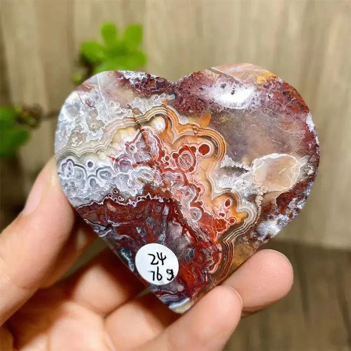 Mexican Agate Crystal Heart for Joy & Emotional Balance, featuring vibrant rainbow bands and sparkling druzy.
