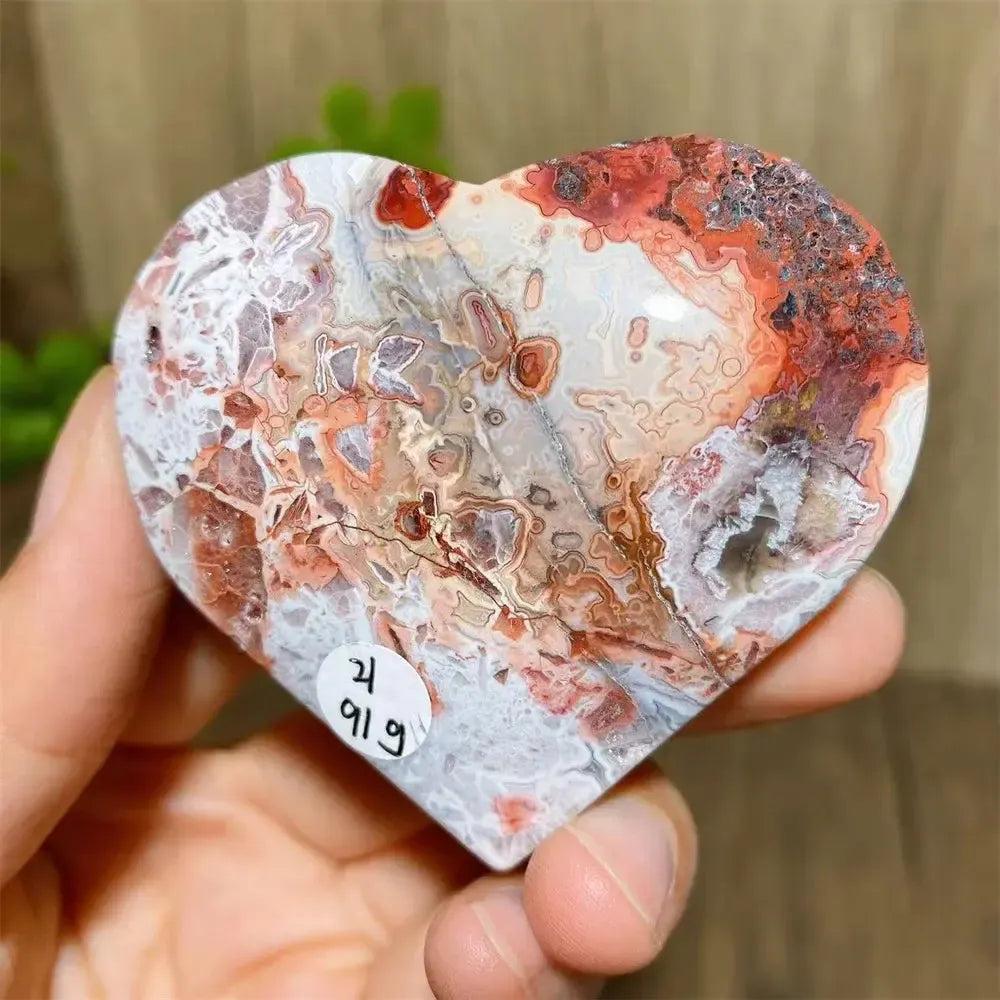Mexican Agate Crystal Heart for Joy & Emotional Balance. Vivid rainbow banded agate heart with sparkling druzy interior.