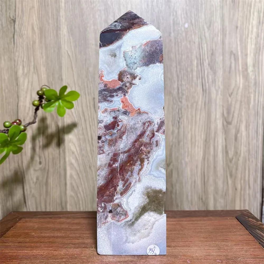 Mexican Agate Crystal Tower: Bold red, cream, rust swirling bands, raw geode specimen for grounding & stability.