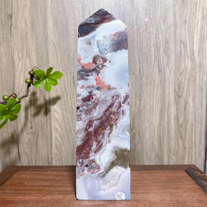 Mexican Agate Crystal Tower: Bold red, cream, rust swirling bands, raw geode specimen for grounding & stability.