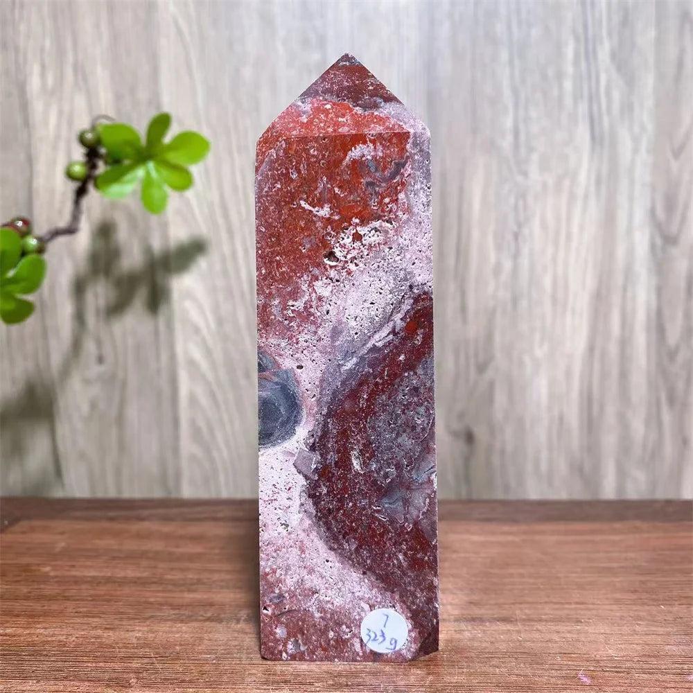 Mexican Agate Crystal Tower: Bold red, cream, and rust swirling bands, raw geode specimen for grounding & stability.