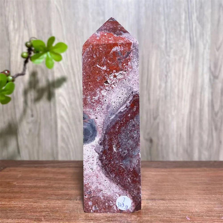Mexican Agate Crystal Tower: Bold red, cream, and rust swirling bands, raw geode specimen for grounding & stability.