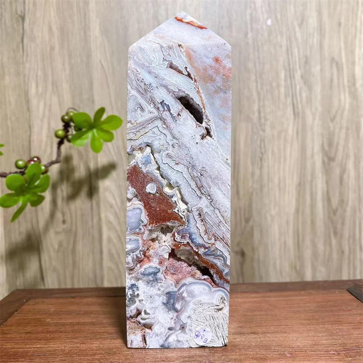 Mexican Agate Crystal Tower: Bold red, cream, rust bands. Natural geode, raw base. Grounding & Stability.