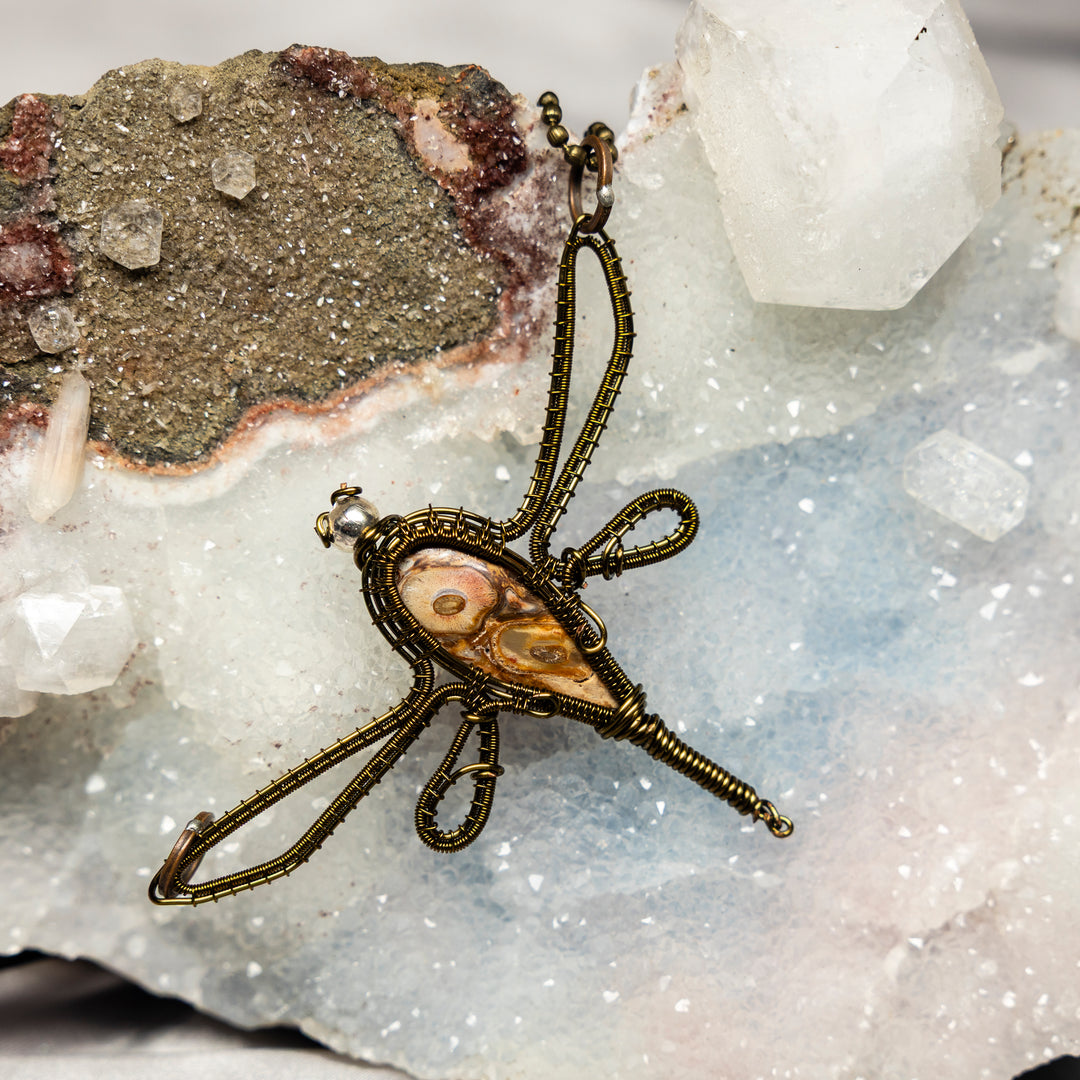 Mexican Agate Dragonfly Wire Wrap Pendant-Wire Wraps-Crystal Destiny-Mexican Agate-2.50"H x 3.50"W-Crystal Destiny