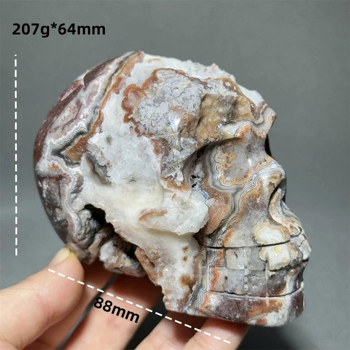 Hand-carved Mexican Agate skull, 88mm, with natural white, brown, and orange bands for healing energy.