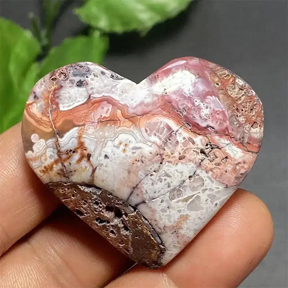 Mexican Striped Agate Crystal Heart, hand-polished with warm earthy tones, parallel bands, grounding and love energy.