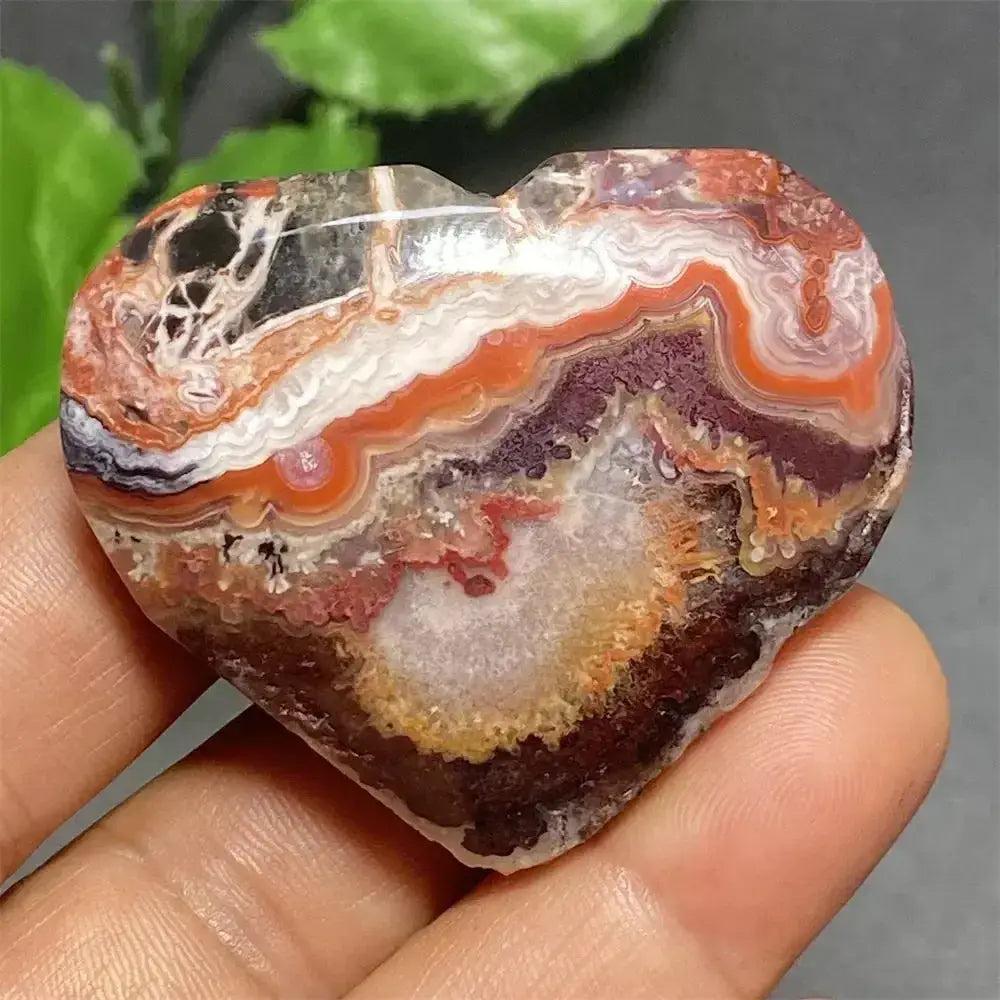 Mexican Striped Agate Crystal Heart, hand-polished with warm earthy tones, parallel bands, grounding and love energy.