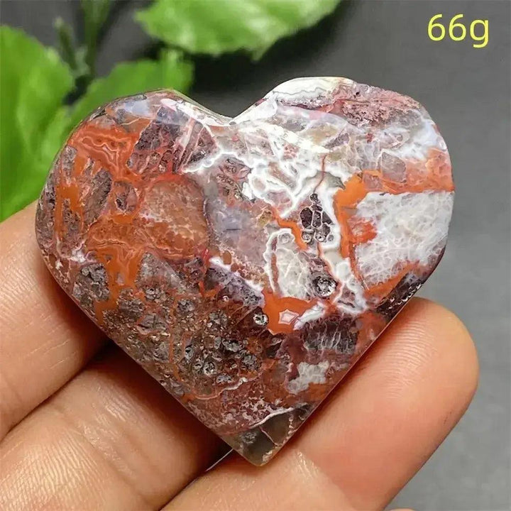 Mexican Striped Agate Crystal Heart, 66g. Polished, earthy red, white, and brown banded agate for grounding and love.