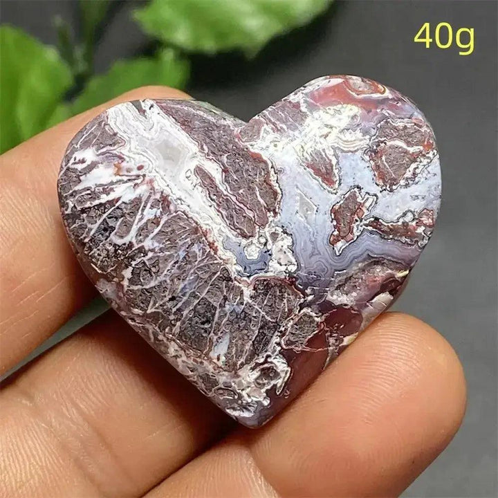 Mexican Striped Agate crystal heart, 40g, with warm earthy tones, parallel banding, and grounding energy.