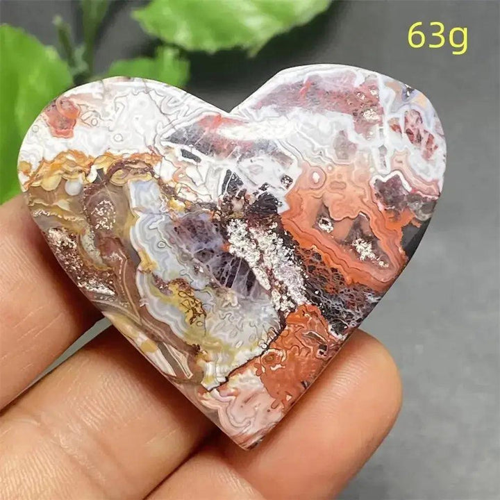 Mexican Striped Agate Crystal Heart, hand-polished with warm earthy tones, grounding and balancing energy.