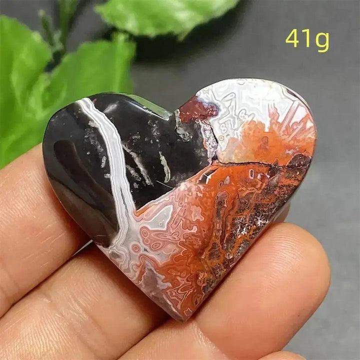 Mexican Striped Agate Crystal Heart: 41g, banded black, white, and warm earthy red-orange, hand-polished for grounding.