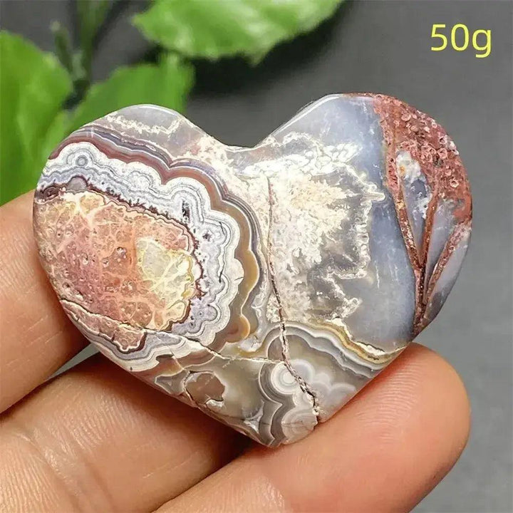 Mexican Striped Agate Crystal Heart, 50g, with warm earthy tones, parallel bands, and grounding energy.