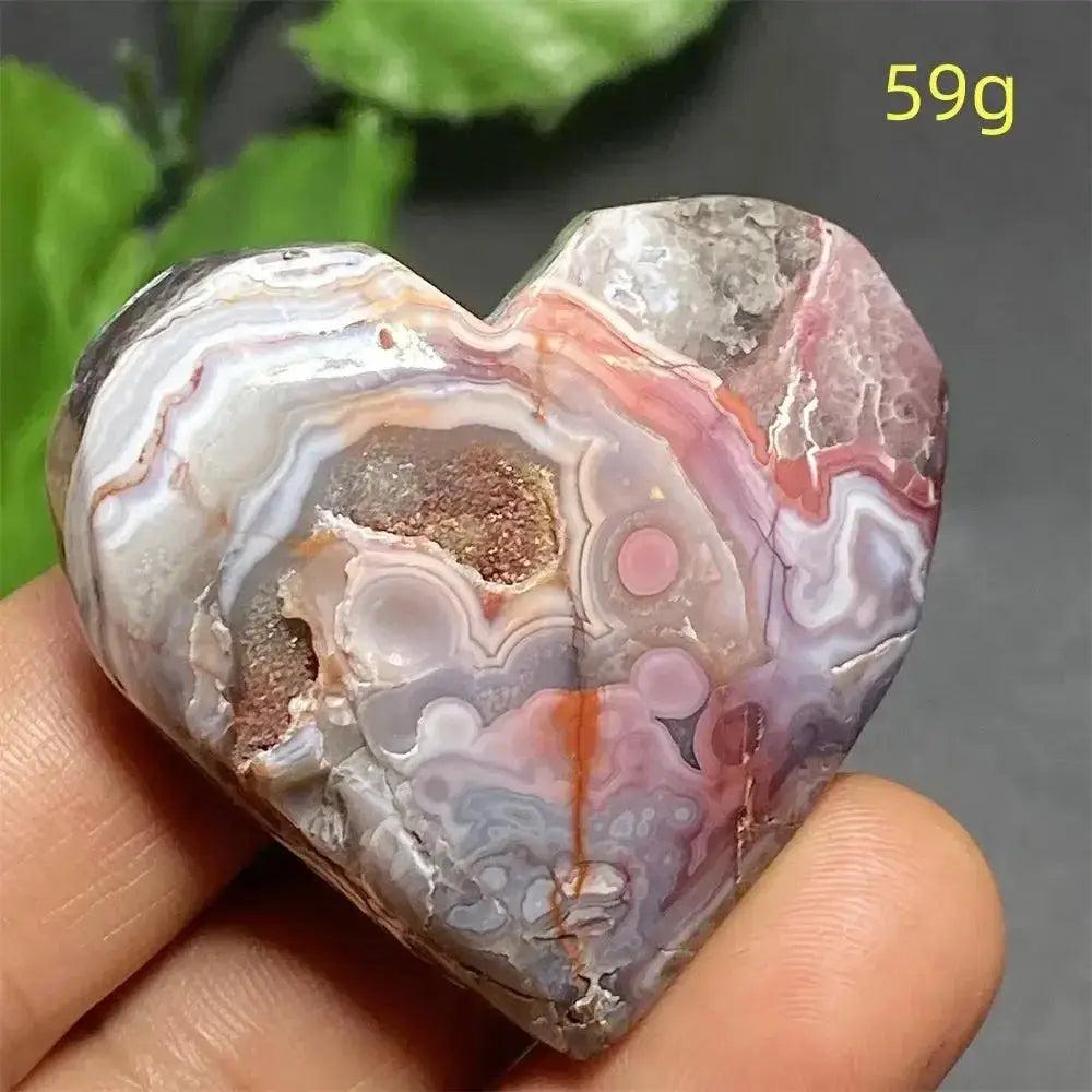 Mexican Striped Agate Crystal Heart, 59g. Polished, banded chalcedony in warm earthy tones for grounding and love.