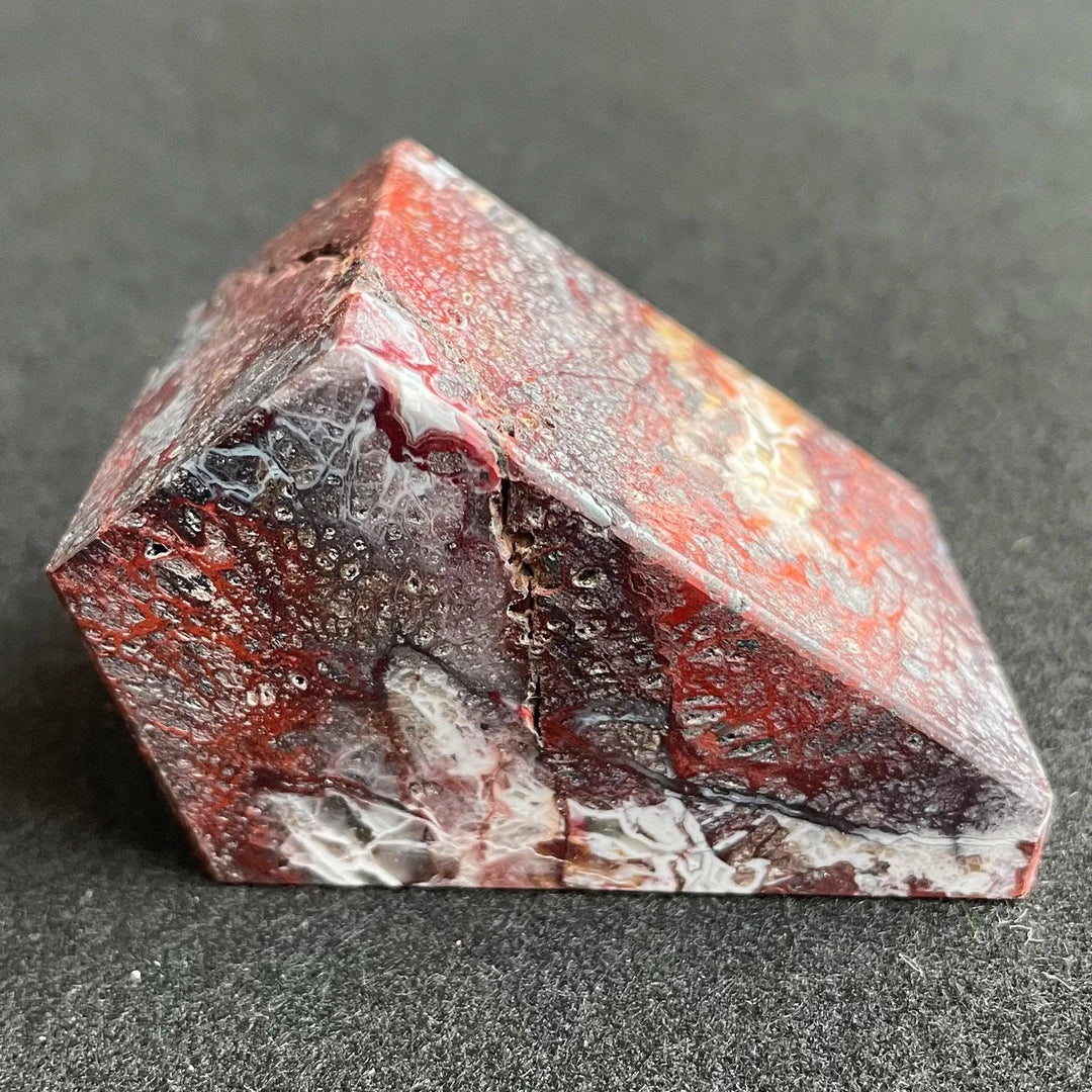 Polished Mexico Agate freeform crystal with vibrant red and white patterns, perfect for Reiki healing and decor.