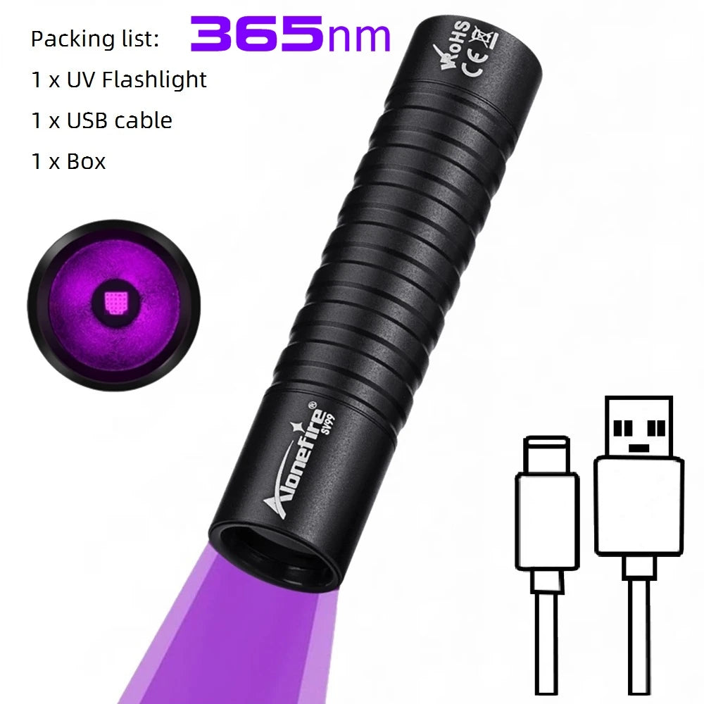 Mini 365nm UV Flashlight, USB Rechargeable