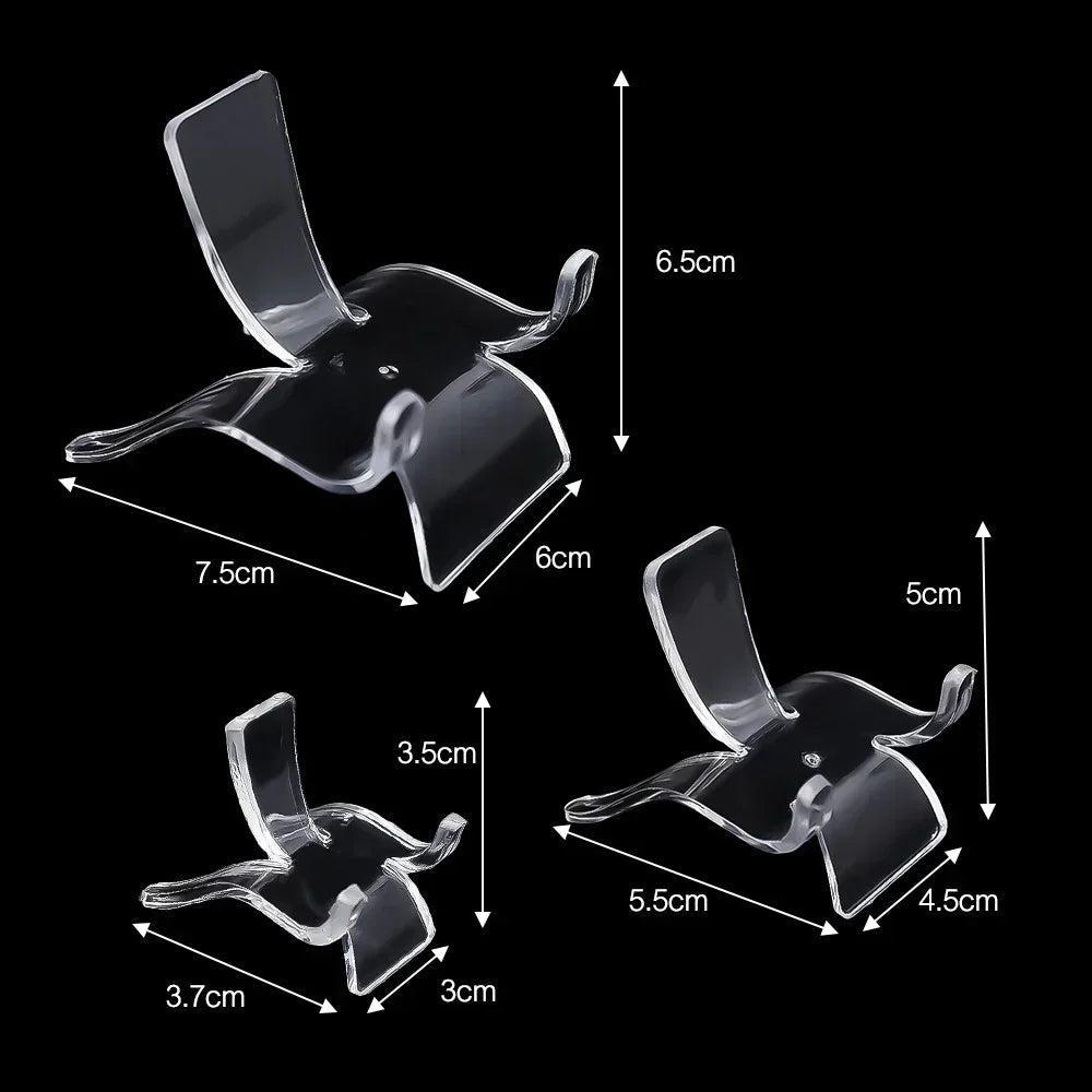 Three clear acrylic easel stands in small, medium, and large sizes with dimensions for crystal display.
