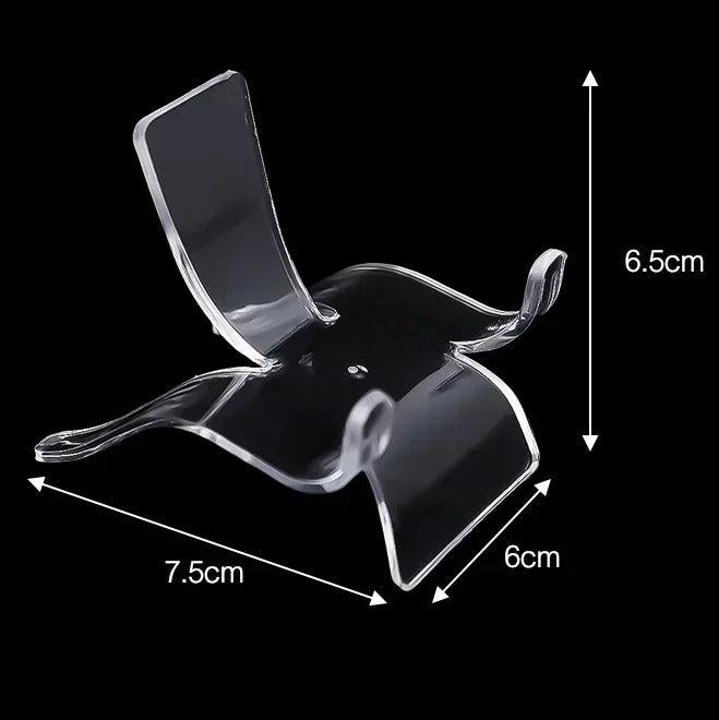 Clear acrylic easel stand for crystal display, 7.5cm wide, 6cm deep, and 6.5cm tall.