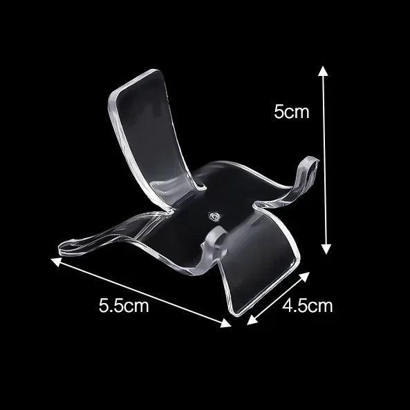 Clear acrylic easel stand, 5cm tall, 5.5cm wide, and 4.5cm deep, for displaying crystals.