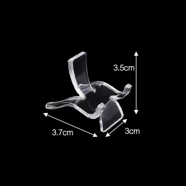 Small clear acrylic easel stand, 3.7cm wide, 3.5cm tall, for crystal display.