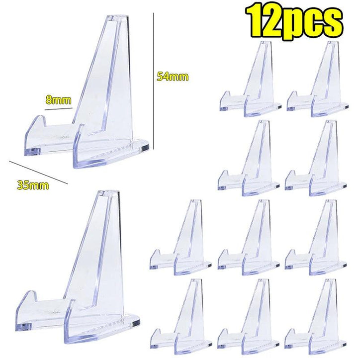 12-pack of clear acrylic triangle easel stands, 54x35mm, for displaying crystals like amethyst or quartz.