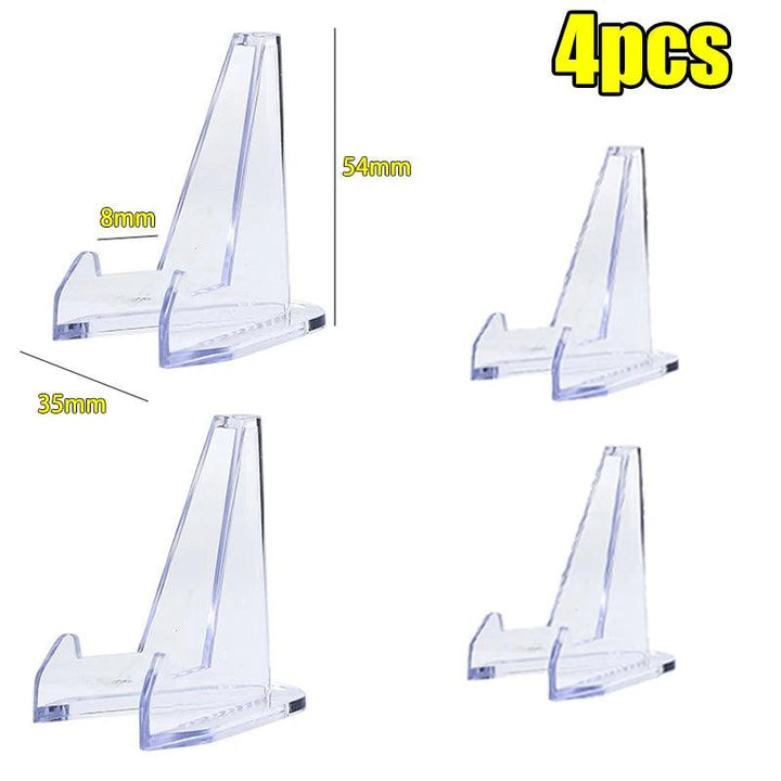 Four clear acrylic triangle easel stands, 54x35mm, for displaying crystals.