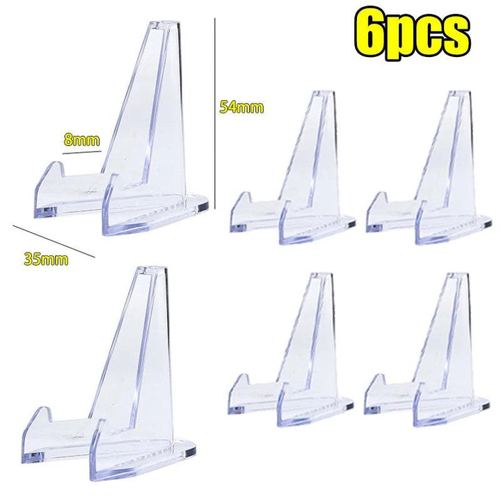 Six clear acrylic triangle easel stands, 54x35mm, for displaying crystals like amethyst or quartz.