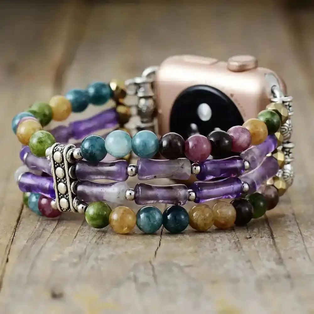 Colorful Mixed Stone Apple Watch Band with natural gemstones, elastic design, and artisan craftsmanship for versatile style.