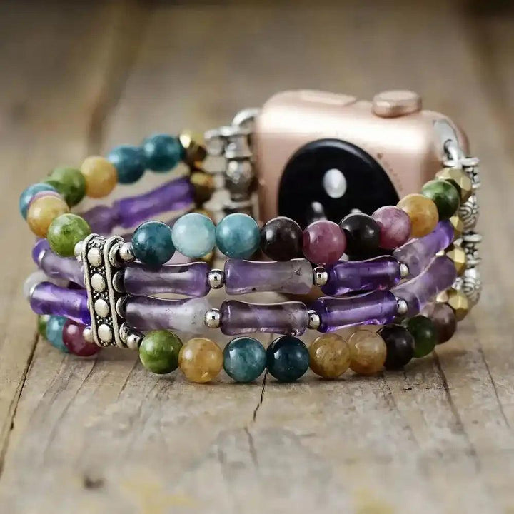 Colorful Mixed Stone Apple Watch Band with natural gemstones, elastic design, and artisan craftsmanship for versatile style.