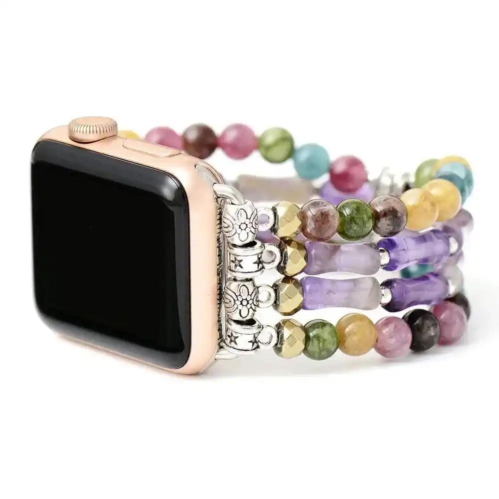 Colorful Mixed Stone Apple Watch Band with natural gemstones, elastic design, and silver accents for grounding and uplifting energy.