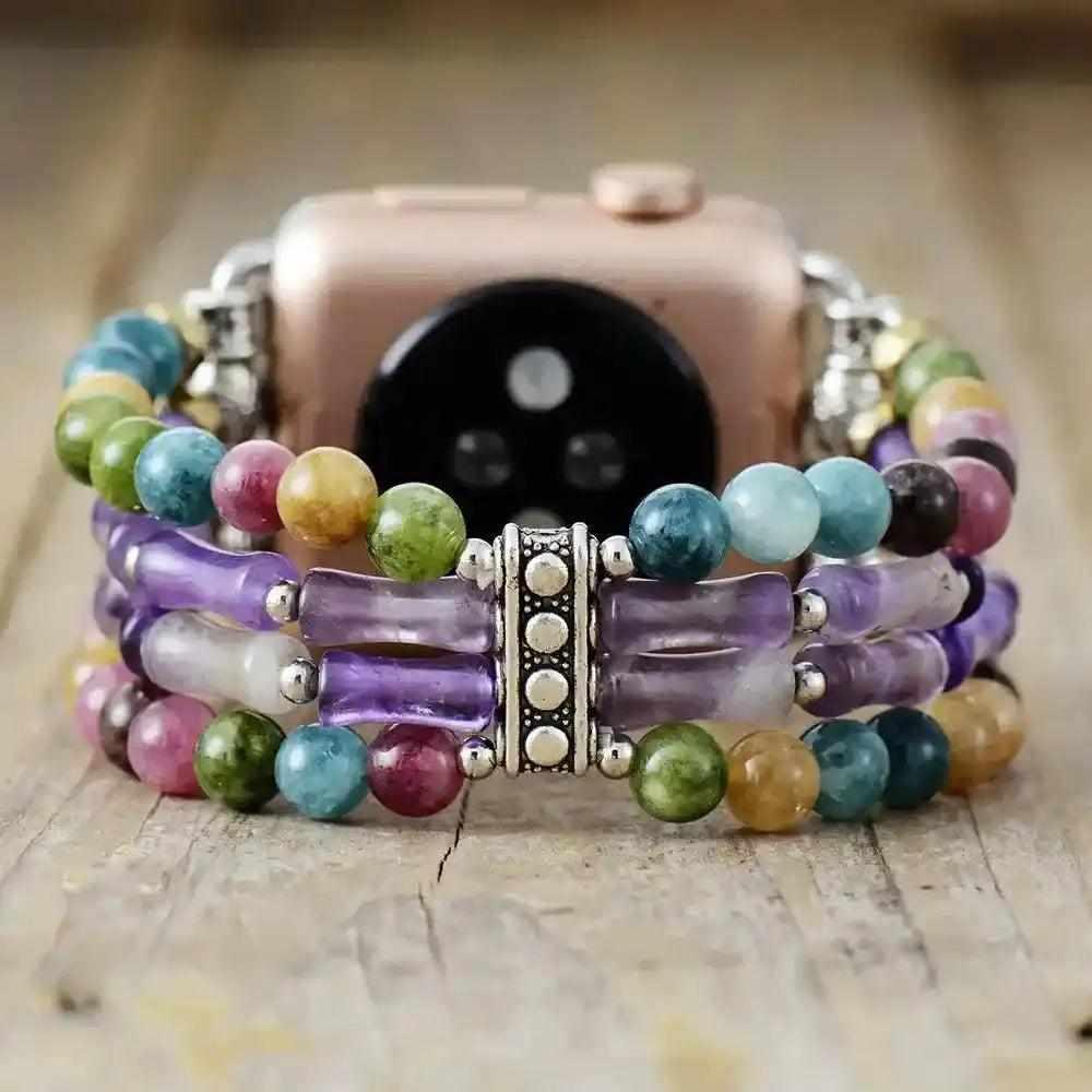 Vibrant, multi-stone beaded Apple Watch band with amethyst and mixed crystal gemstones for healing energy and style.