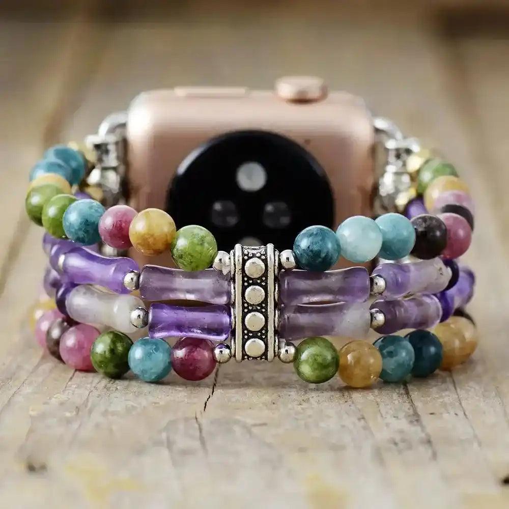Vibrant Mixed Stone Apple Watch Band with colorful gemstones and amethyst, offering grounding and uplifting energies.