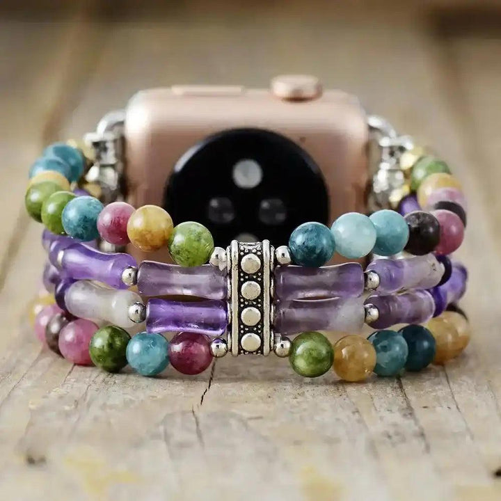 Vibrant Mixed Stone Apple Watch Band with colorful gemstones and amethyst, offering grounding and uplifting energies.