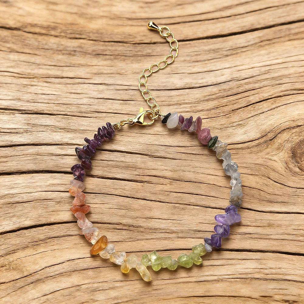 Bohemian Mixed Gemstone Crystal Chip Chakra Bracelet with Garnet, Amethyst, and Peridot for full-spectrum balance.