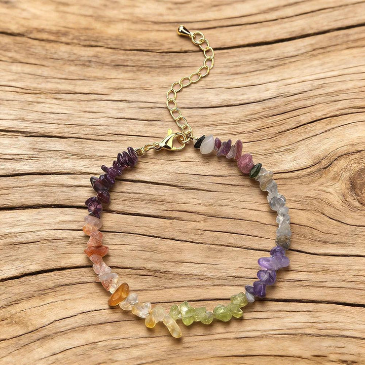 Bohemian Mixed Gemstone Crystal Chip Chakra Bracelet with Garnet, Amethyst, and Peridot for full-spectrum balance.