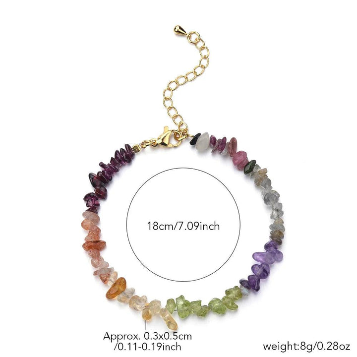 Bohemian Mixed Gemstone Crystal Chip Chakra Bracelet with Garnet, Amethyst, and Peridot for full-spectrum balance.