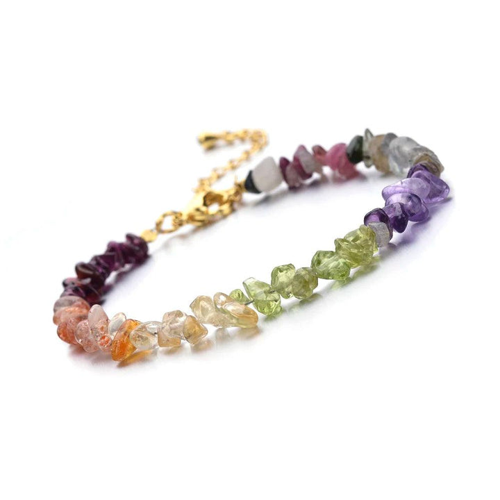 Bohemian Mixed Gemstone Crystal Chip Chakra Bracelet with Garnet, Amethyst, Peridot, and more.