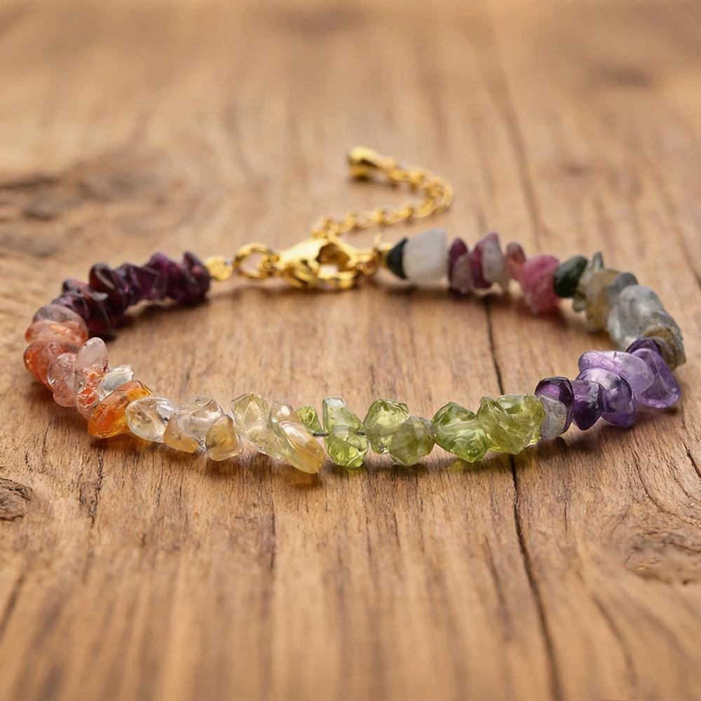 Bohemian Mixed Gemstone Crystal Chip Chakra Bracelet with Garnet, Amethyst, Peridot, and more.