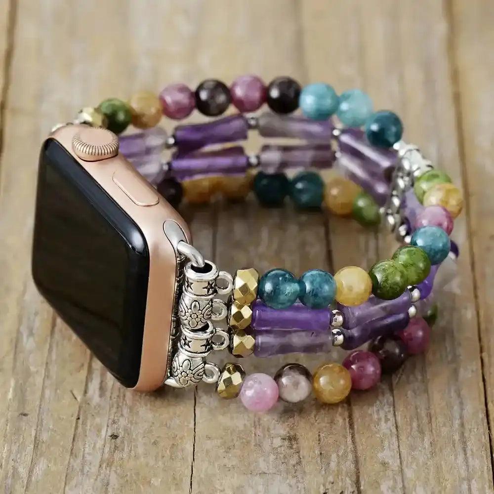 Crystal Destiny's Mixed Stone Apple Watch Band with colorful natural gemstones and silver accents.