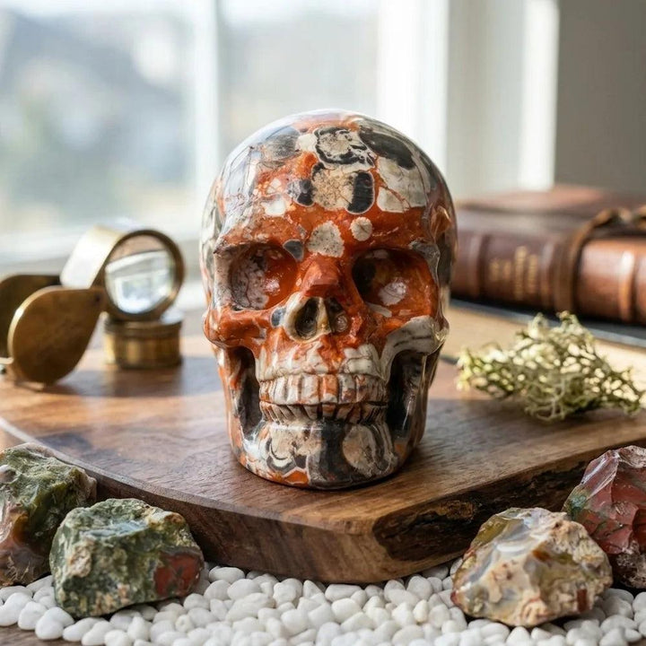 Natural Crystal Skull Money Agate carving with vibrant red and black patterns, perfect for healing energy and decor.