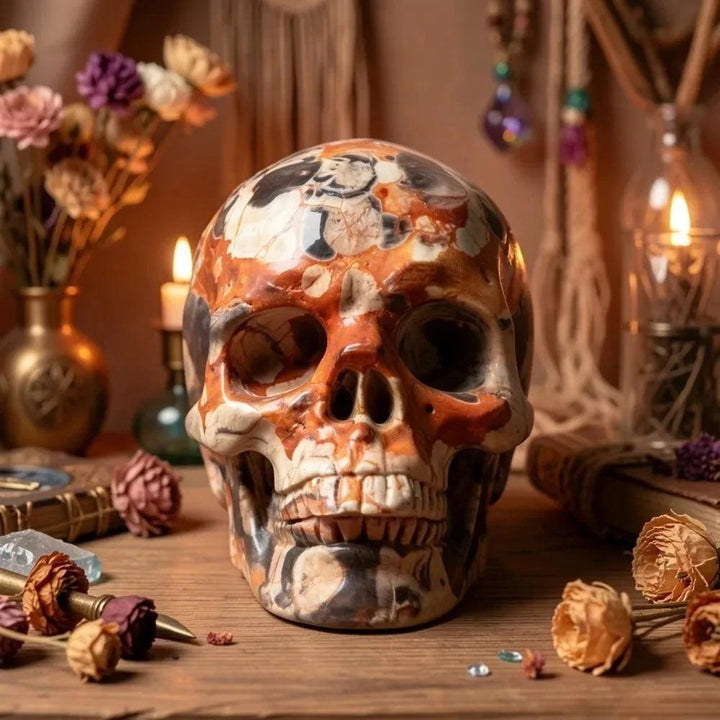 Exquisite Money Agate crystal skull carving with earthy brown and cream patterns, perfect for healing energy and home decor.
