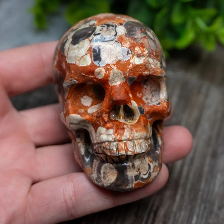 Hand-carved Money Agate crystal skull with vibrant red and earthy patterns, perfect for healing energy and unique decor.