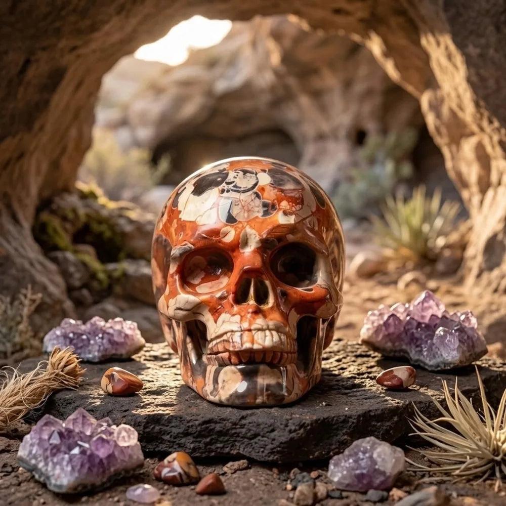 Natural Crystal Skull Money Agate carving with intricate patterns, surrounded by healing amethyst clusters in a cave.