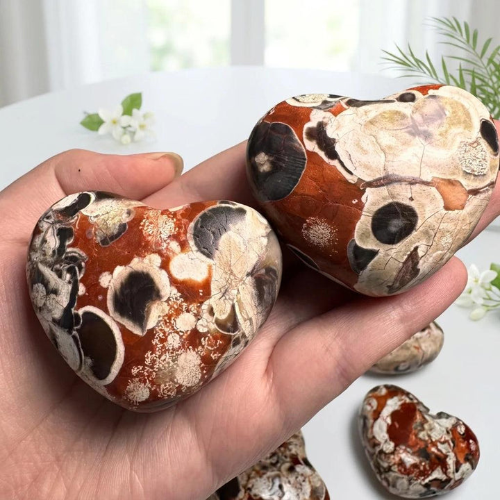 Polished natural Money Agate heart crystal with unique red, black, and cream patterns for healing and elegant home decor.