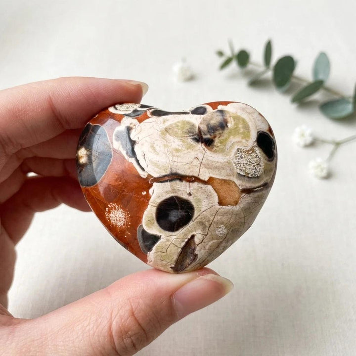 Polished Natural Money Agate heart crystal with unique red, cream, and black patterns for elegant home decor and healing.