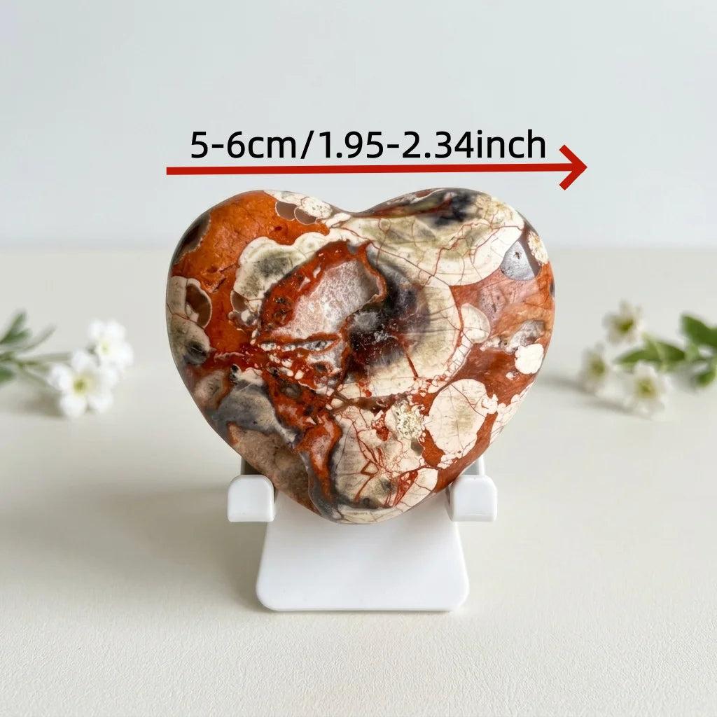 Polished 5-6cm Natural Money Agate heart crystal with unique red and earthy patterns, perfect for healing home decor.