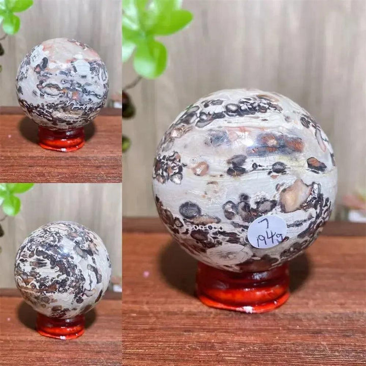 Polished Money Agate Crystal Sphere, a unique abundance stone with gold, rust, cream, and warm brown banding.