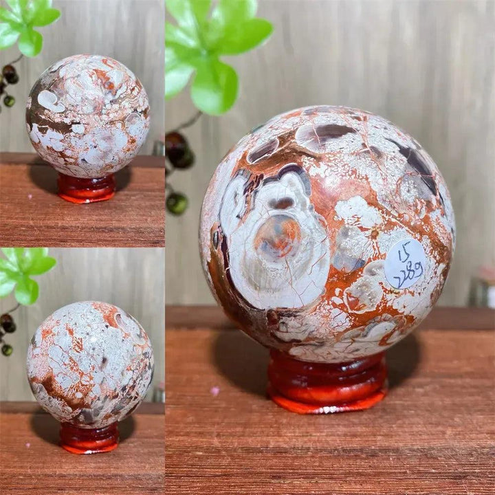Polished Money Agate Crystal Sphere, a unique abundance stone with vibrant gold, rust, cream, and warm brown banding.