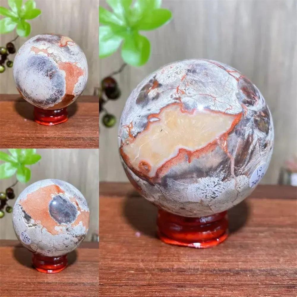 Polished Money Agate Crystal Sphere, a unique abundance stone with gold, rust, cream, and warm brown banding.