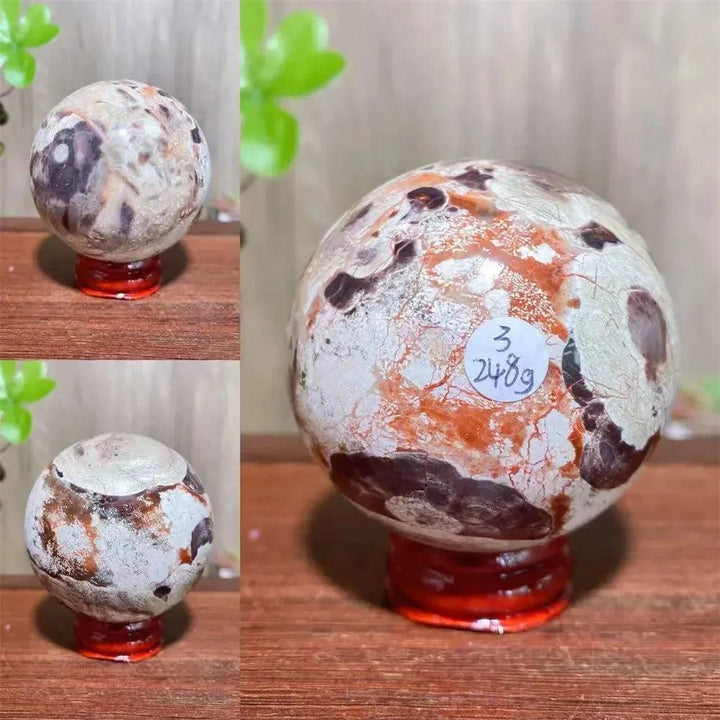 Money Agate Crystal Sphere: Polished abundance stone with vibrant gold, rust, cream, and warm brown banding.